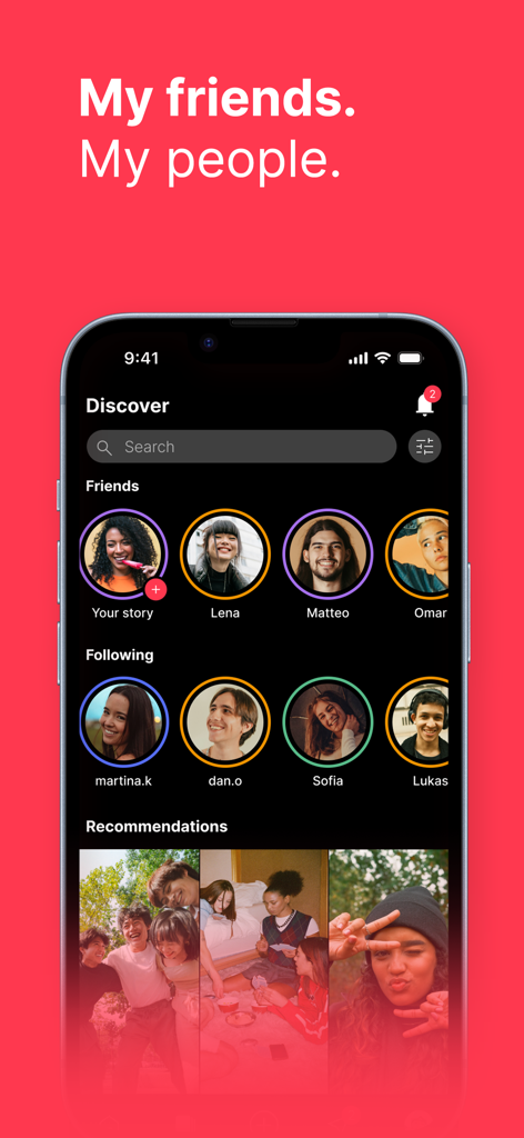 monnett - Pantalla Descubrir de la aplicación Monnett con perfiles de amigos y recomendaciones de contenido.