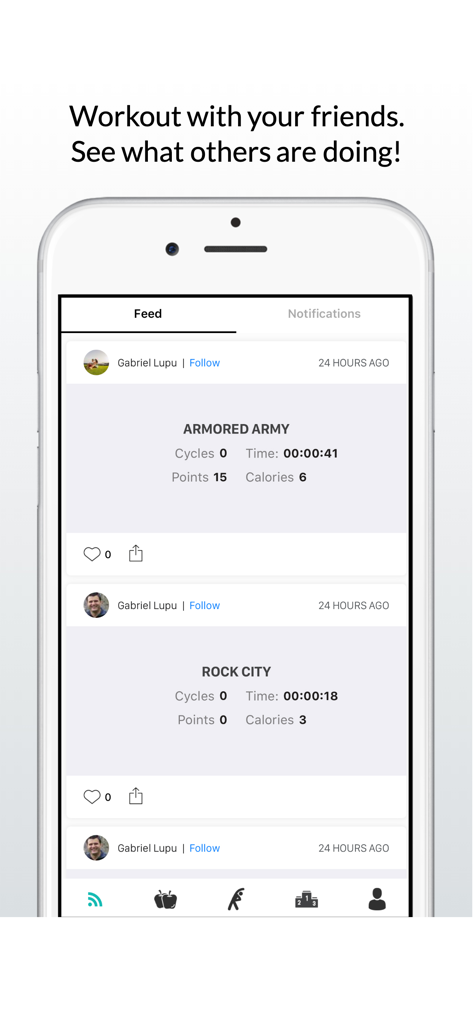 Calisthenics Workout Routines - Mobile app screen showing a social feed of bodyweight workout routines and performance stats shared by friends