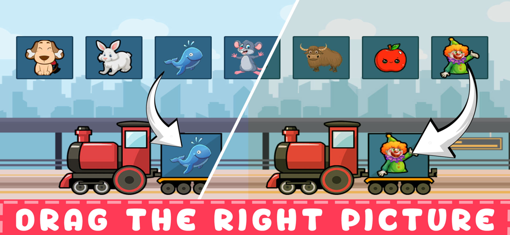 ABC Learn: Tracing & Phonics - 子供向けのインタラクティブなマッチングゲームで、動物や果物などのアイコンを赤いおもちゃの列車にドラッグします。