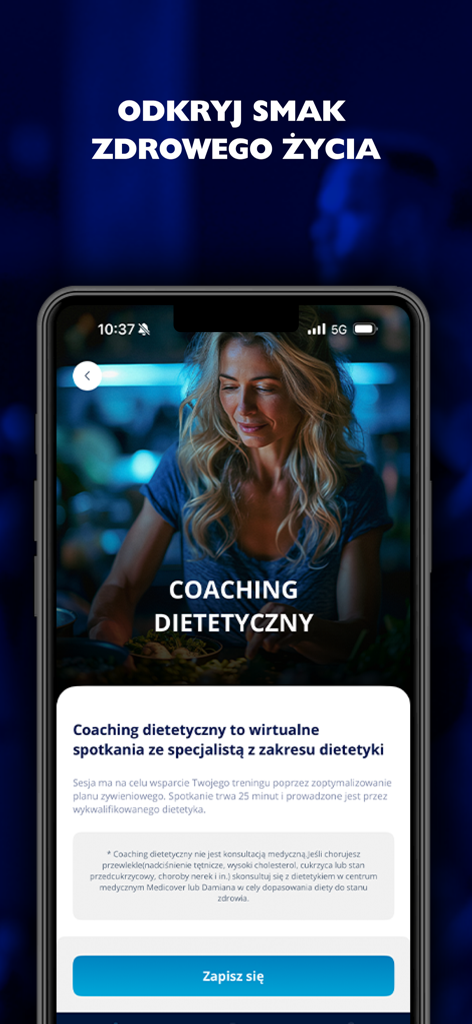 Medicover Sport app interface featuring dietary coaching and virtual nutritionist consultations