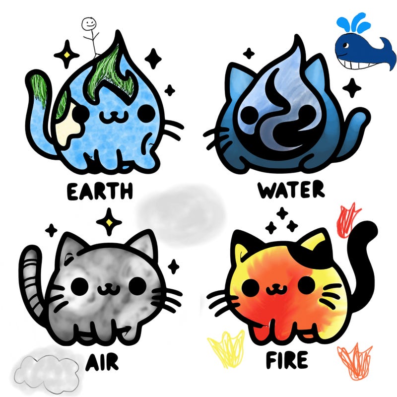 4 cats that represent the different elements, earth, water, air, and fire