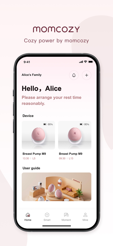 Momcozy - Momcozy mobile app dashboard showing connected wearable breast pumps and battery levels