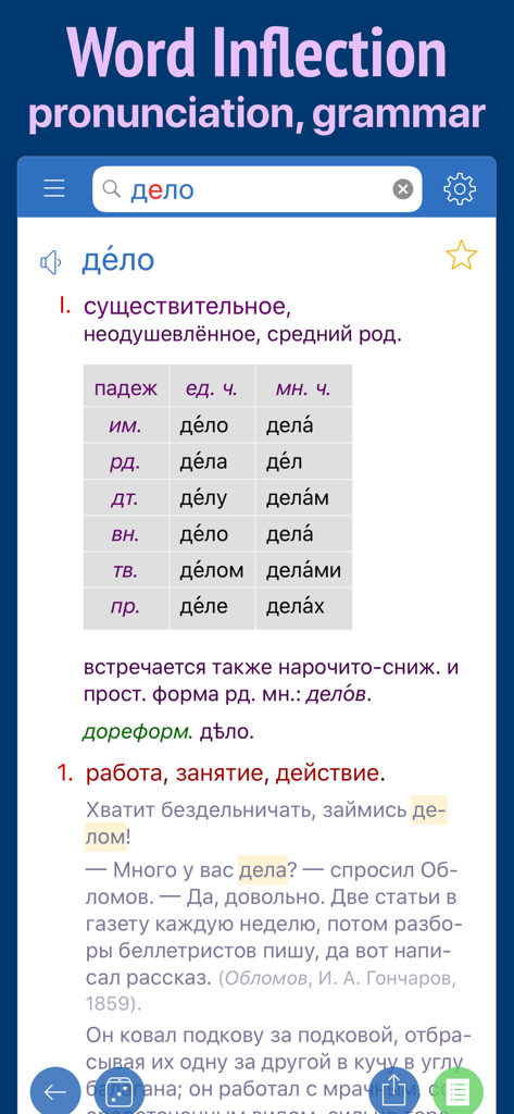 Russian Dictionary Wiki Word - A screenshot of the WikiWord app showing a detailed Russian noun inflection table and grammar rules.