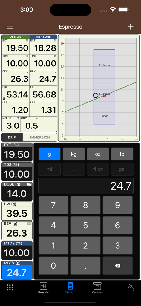 VST CoffeeTools PRO espresso recipe design and brewing control chart screen