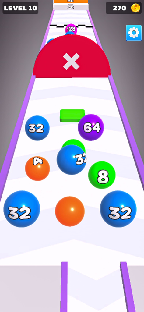 Gameplay of Ball Merge 3D showing colorful numbered balls and obstacles on a track