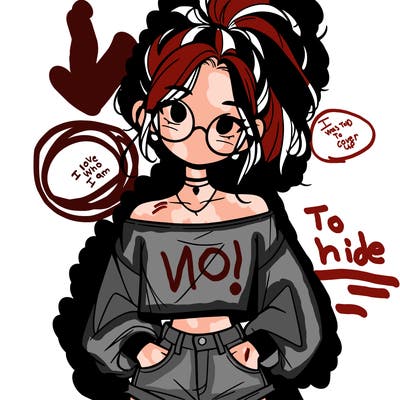 girl with a messy ponytail glasses a baggy crop top and jean shorts