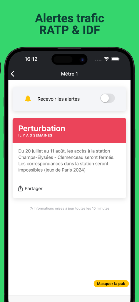 Ma Ligne - Trafic Metro & RER - Ma Ligne app screen showing a traffic disruption alert for Paris Metro Line 1.