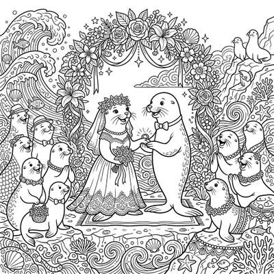 Dive into a heartwarming celebration with this delightful Sea Lion Wedding coloring page. Witness a joyous marine ceremony filled with charming sea lion guests and intricate details waiting for your creative touch.
