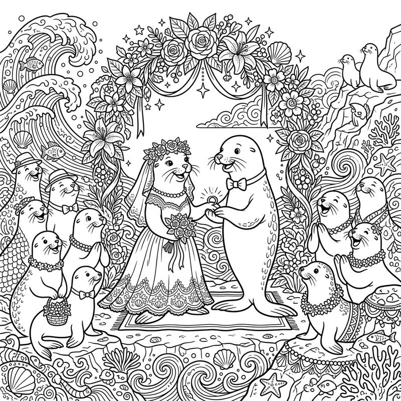 Dive into a heartwarming celebration with this delightful Sea Lion Wedding coloring page. Witness a joyous marine ceremony filled with charming sea lion guests and intricate details waiting for your creative touch.