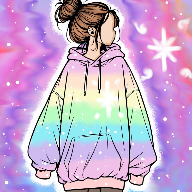 realistic girl with a oversized sweatshirt on and a bun
