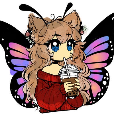 a realistic butterfly/furry girl drinking boba