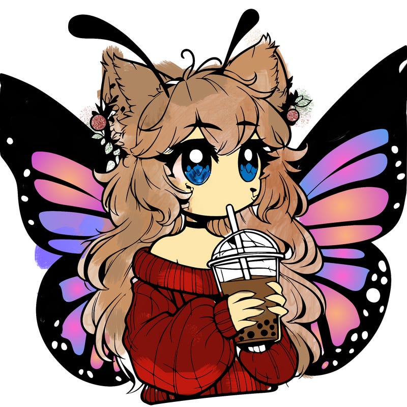 a realistic butterfly/furry girl drinking boba