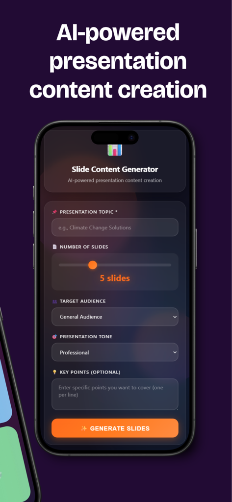 Pippit AI - Pippit AI mobile app interface showing the Slide Content Generator with fields for topic and tone