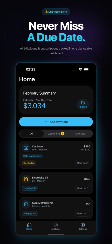 Last Payment: Bill Tracker - Panel de la aplicación Last Payment mostrando un resumen mensual y recordatorios de próximas facturas para préstamos de coche y servicios públicos