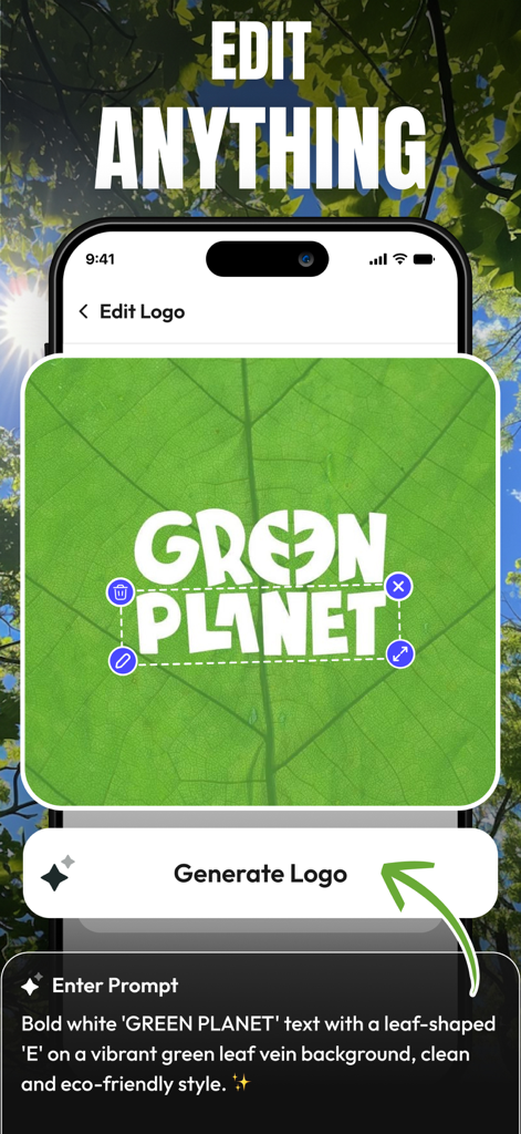 Oberfläche der KI-Logo-Maker-App, die ein Logo-Design für Green Planet mit einem Blatt-Hintergrund und einem Text-Prompt zeigt