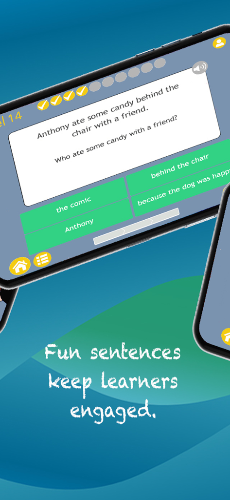 A mobile app interface showing a reading comprehension question and multiple choice answers for children.