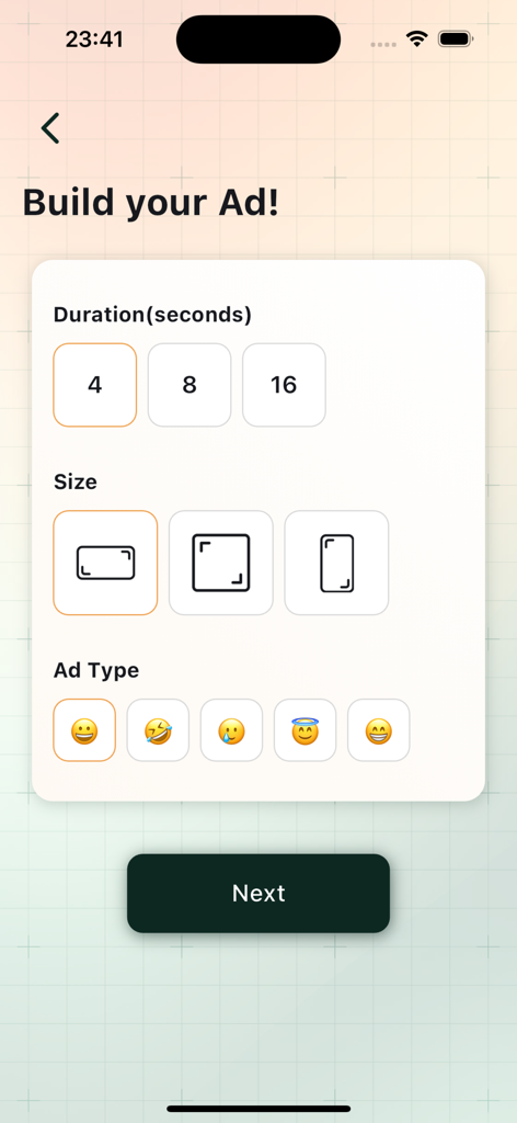 AI Ads - Ad configuration interface with duration size and type selections
