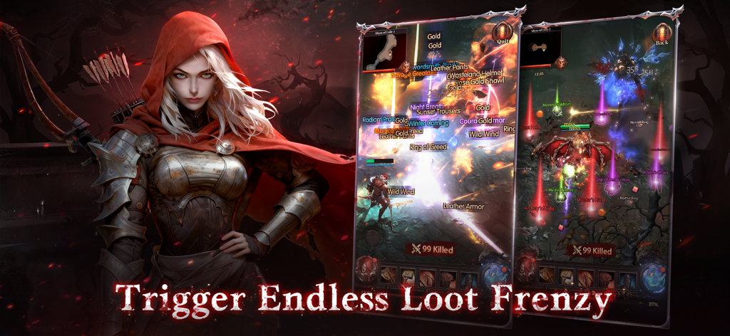 Dungeon of Exile - Una guerrera con capucha roja junto a pantallas de gameplay móvil que muestran masivas caídas de botín y efectos de combate en Dungeon of Exile
