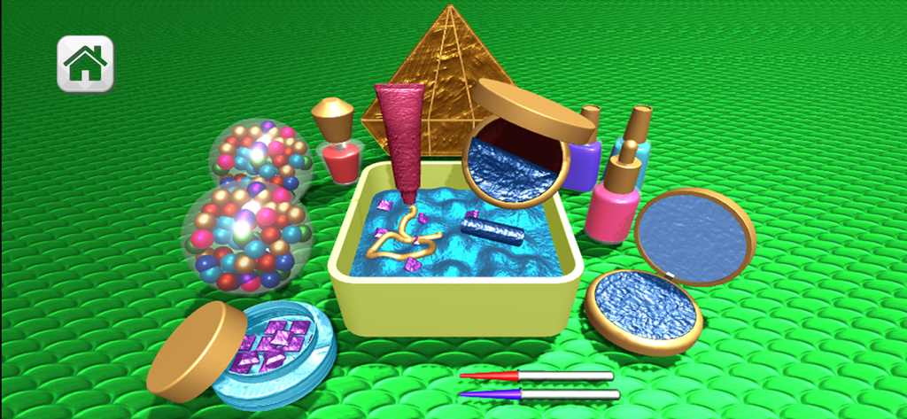 Makeup Slime DIY ASMR Kit Game - 녹색 배경에 반짝이는 화장품과 믹싱 트레이가 있는 가상 메이크업 슬라임 DIY 키트