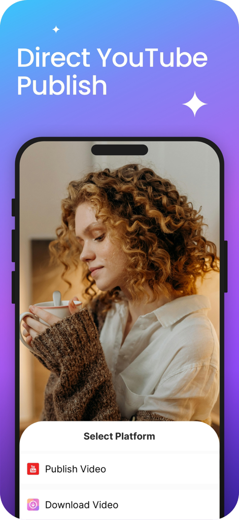 Steve AI: AI Video Generator - Steve AI app interface showing the direct YouTube publish and video download menu below a cinematic video preview.