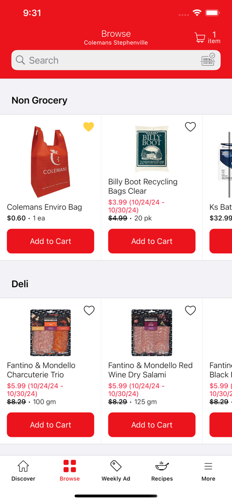 Colemans - Mobile app interface for Colemans grocery shopping showing product listings and categories