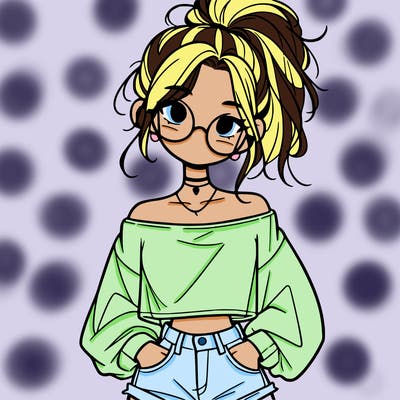 girl with a messy ponytail glasses a baggy crop top and jean shorts