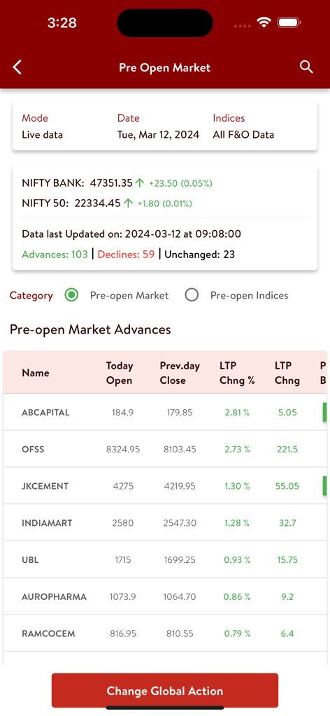 OiPulse - OiPulse mobile app interface showing pre-open market indices and stock advances list