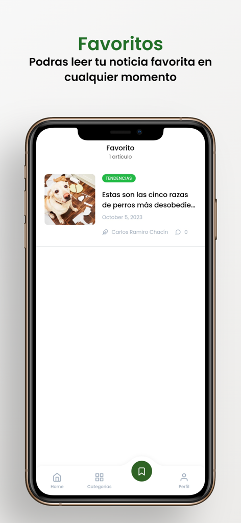 Pantalla de favoritos de la aplicación de noticias Caraota Digital mostrando un artículo guardado sobre razas de perros.
