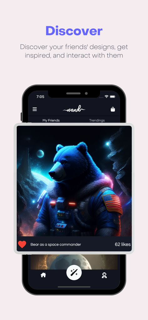 Wand AI Magical Art Generator - Wand AI app discover screen showing an AI generated artwork of a bear space commander in a social feed
