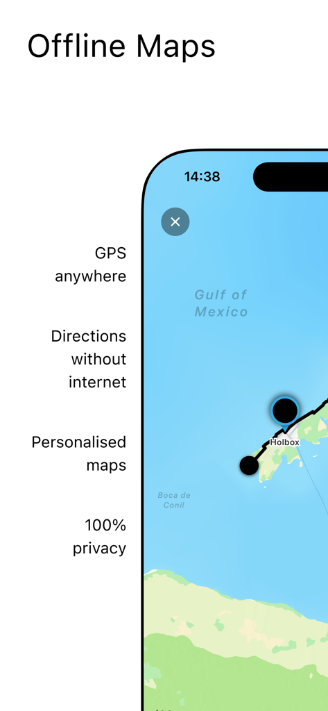Screenshot zeigt Offline-Karten-Navigation mit Funktionen wie GPS überall und 100 Prozent Privatsphäre