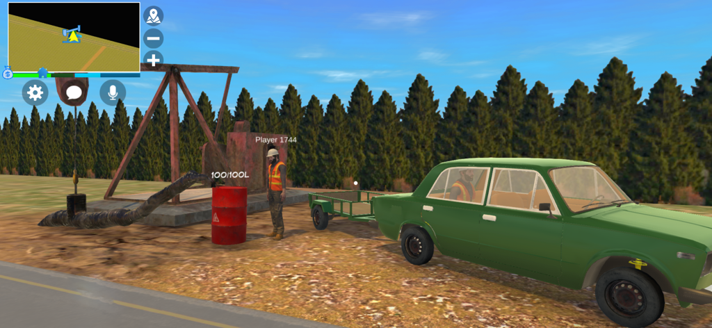 A green car with a trailer parked near a red fuel barrel in the open world of My Broken Car Online