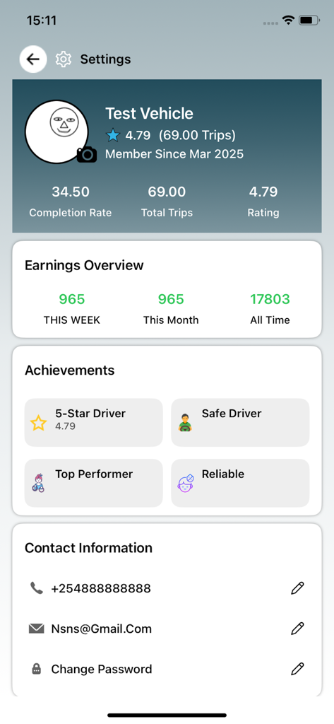 Rapid Ride Partner app driver profile interface displaying earnings stats achievements and contact details