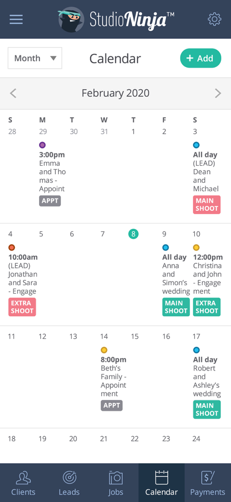 Monthly calendar view in the Studio Ninja app showing photography shoots and client appointments