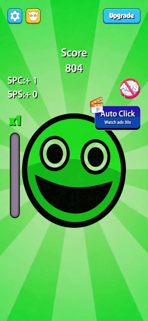 Fun Clicker. - Gameplay screen of Fun Clicker showing a large green smiley face and a score of 804 on a green sunburst background.