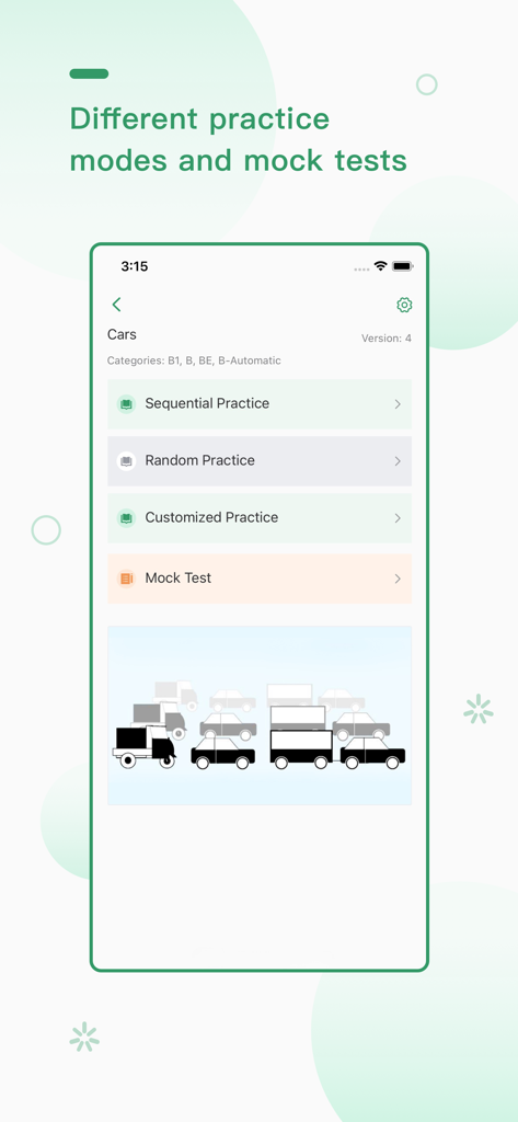 Malta Driving Theory Test app interface showing different practice modes and mock tests