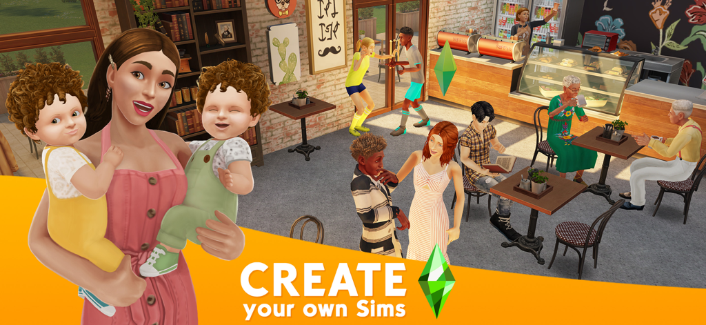 Una Sim mujer sosteniendo a dos niños pequeños en un animado café con otros Sims de diferentes edades.