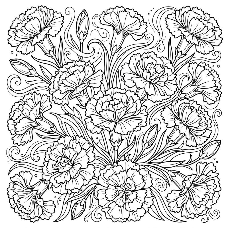 Discover the exquisite beauty of scented carnations with this intricate coloring page. Perfect for flower enthusiasts, it offers a delightful escape into a world of ruffled petals and botanical charm.