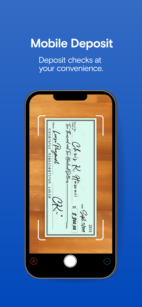 Bank Of Hawaii Mobile App - Smartphone screen showing the Bank of Hawaii mobile deposit feature capturing a photo of a check
