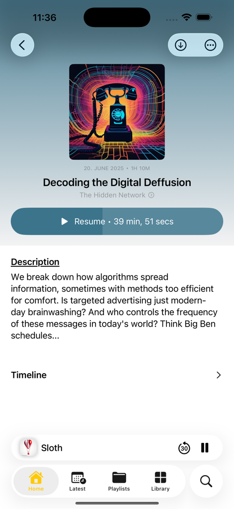 ShelfPlayer - L'app mobile ShelfPlayer che mostra la descrizione di un episodio di podcast e il pulsante per riprendere.