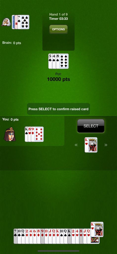 Hold'em Blitz - Gameplay screen of Holdem Blitz showing the card selection mechanic and player interface on a green poker table