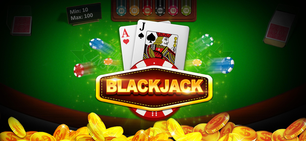 Vegas Slots - 7Heart Casino - 金貨のある緑色のカジノテーブル上のエースとジャックのブラックジャックハンド