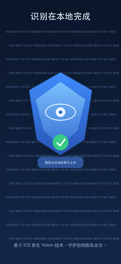 Compy app interface highlighting local recognition and privacy protection using iOS Vision technology