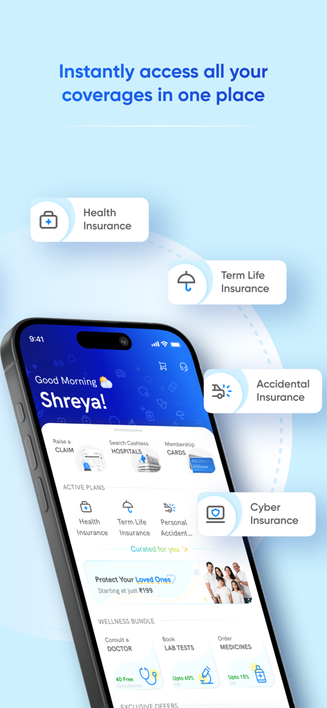 Onsurity - Employee Healthcare - Onsurityアプリのインターフェース。さまざまな保険適用範囲とヘルスケアサービスが1か所に表示されています。