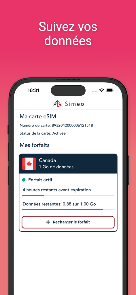 Interface de l'application Simeo montrant l'utilisation du forfait de données eSIM de voyage actif et les données restantes pour le Canada