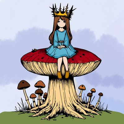 realistic girl sitting on a huge tree stump size toadstool with thorn crown