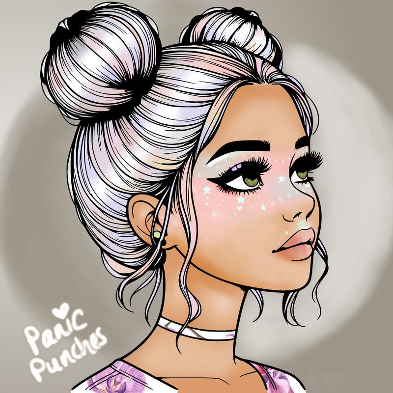 realistic girl with buns on the top of her head
