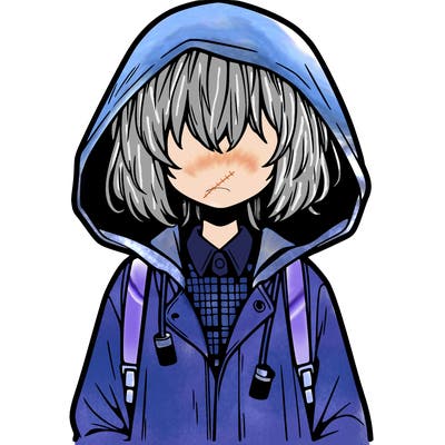 little anime girl in a raincoat her hair is covering her eyes she has a lighter