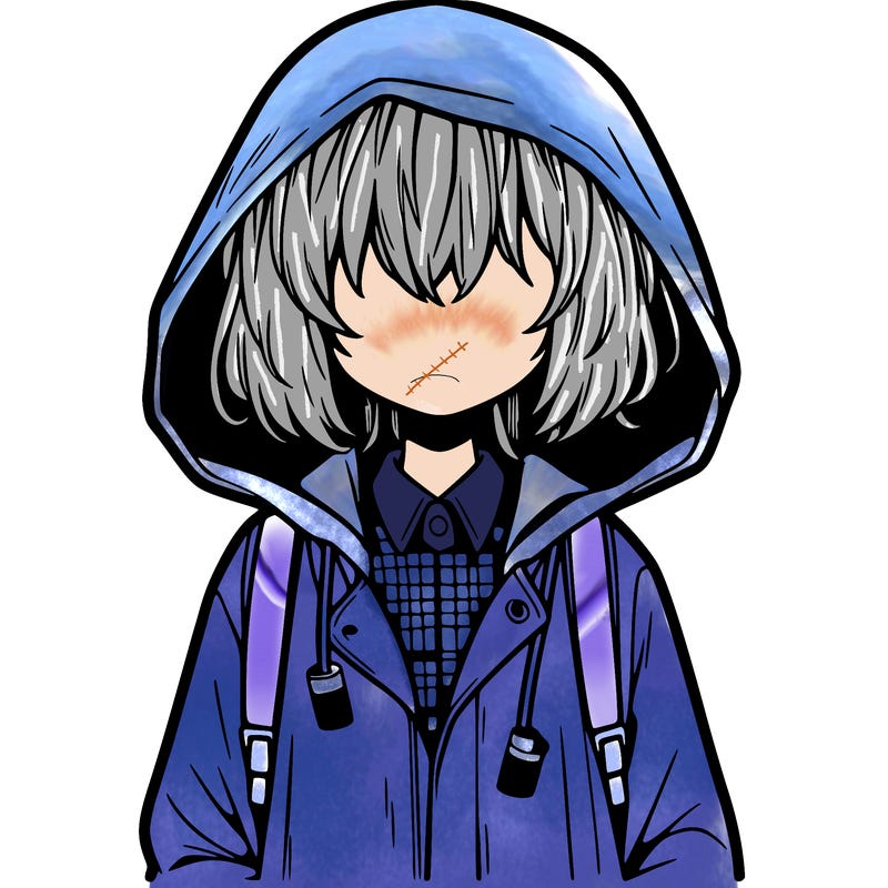 little anime girl in a raincoat her hair is covering her eyes she has a lighter
