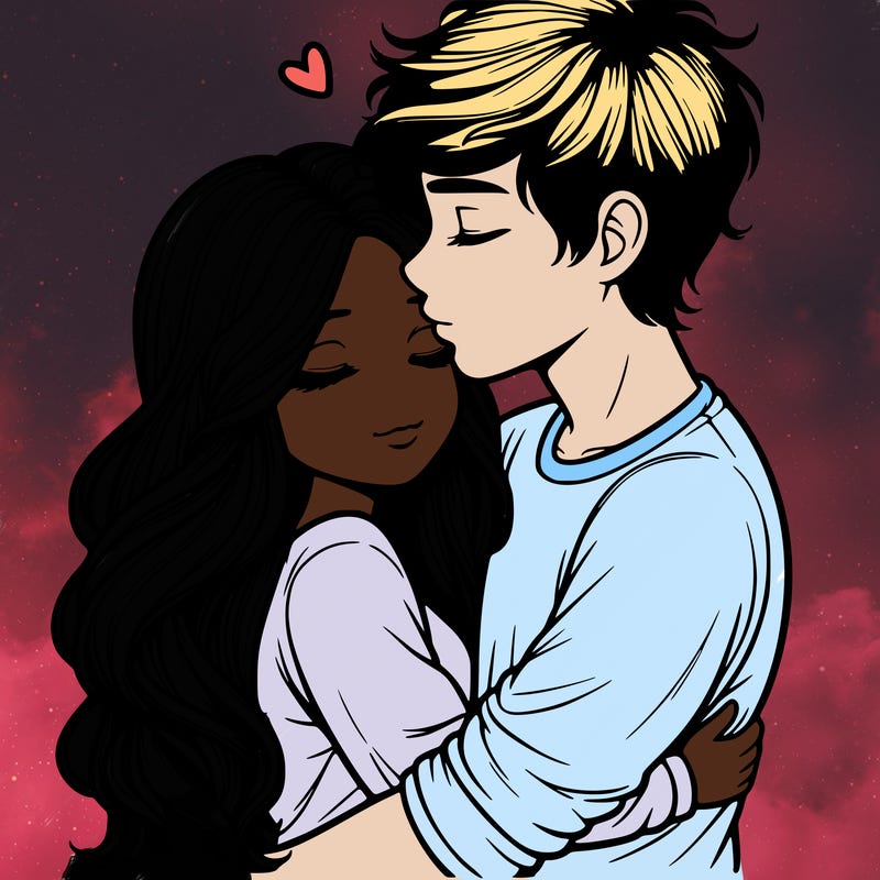 a realistic couple boy and girl hugging and kissing