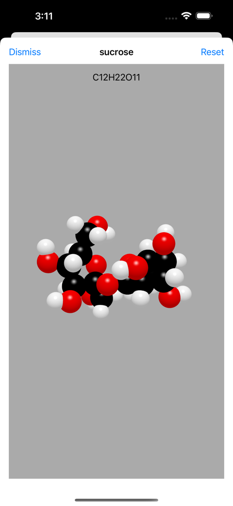 Search PubChem - 3D molecular structure of sucrose displayed in the Search PubChem app